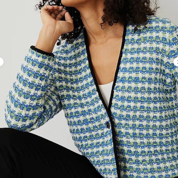 Ann Taylor Women's Tweedy Sweater Jacket in Deep Azure Size Medium - Picture 2 of 16